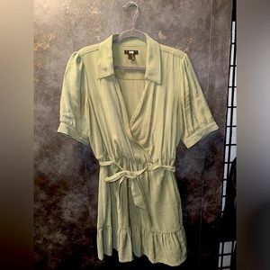 PAIGE Vintage Ivy Green Puff Sleeve Belted Wrap Mini Dress